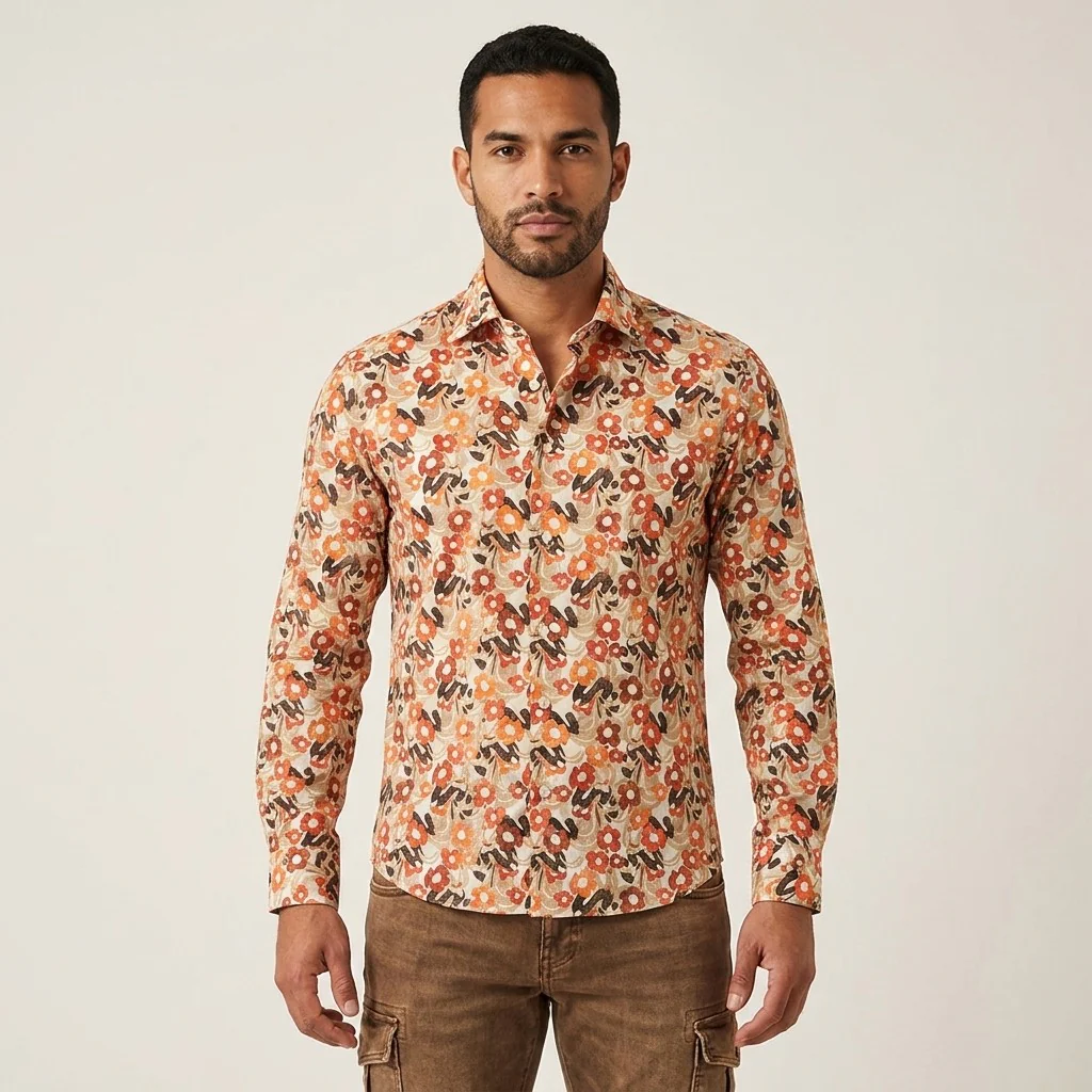 Andrea Bossi Cotton Button Up Orange Brown Shirt