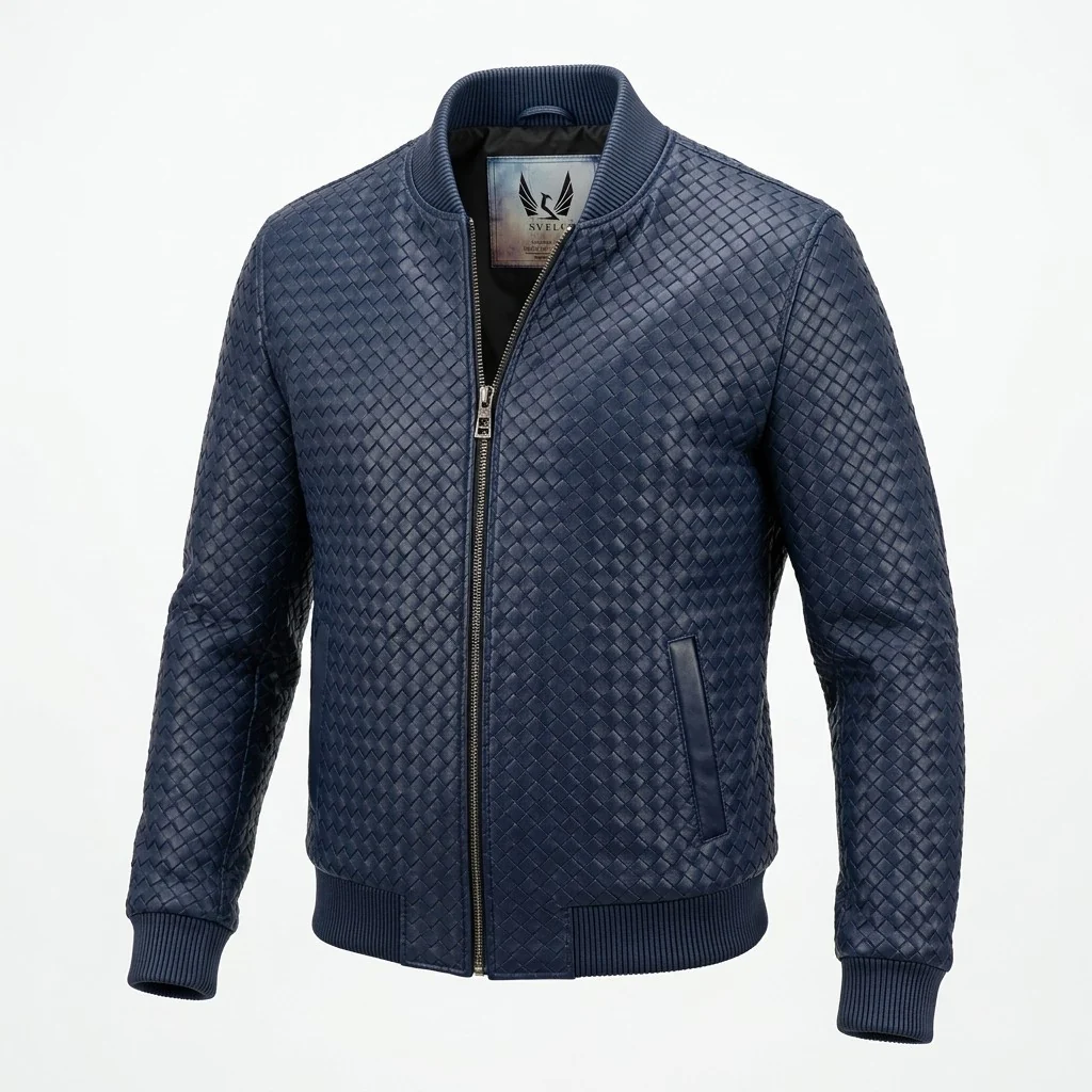 Men’s SVELG Premium Woven 100% Lambskin Leather Bomber Jacket - Image 18