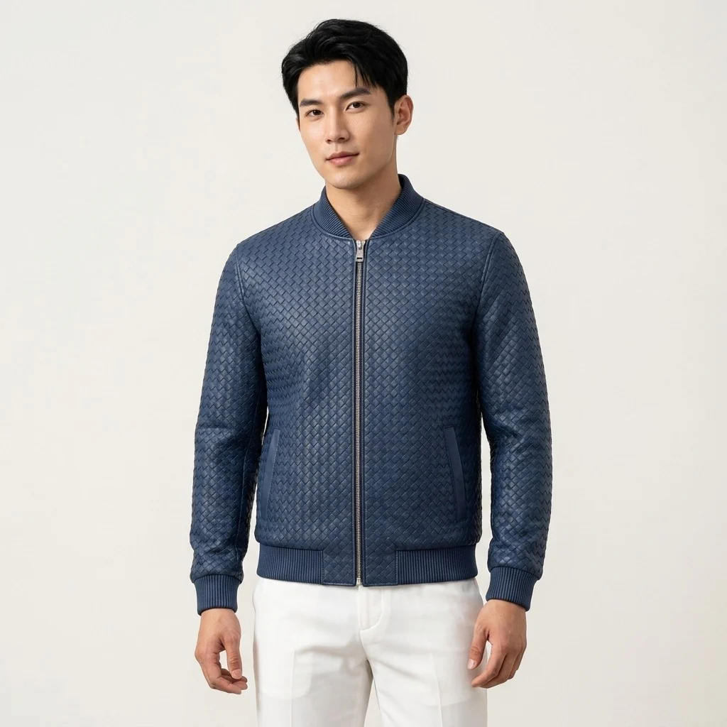 Men’s SVELG Premium Woven 100% Lambskin Leather Bomber Jacket - Image 3