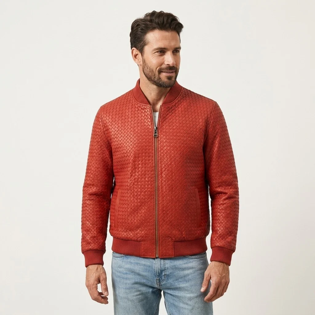 Men’s SVELG Premium Woven 100% Lambskin Leather Bomber Jacket - Image 4