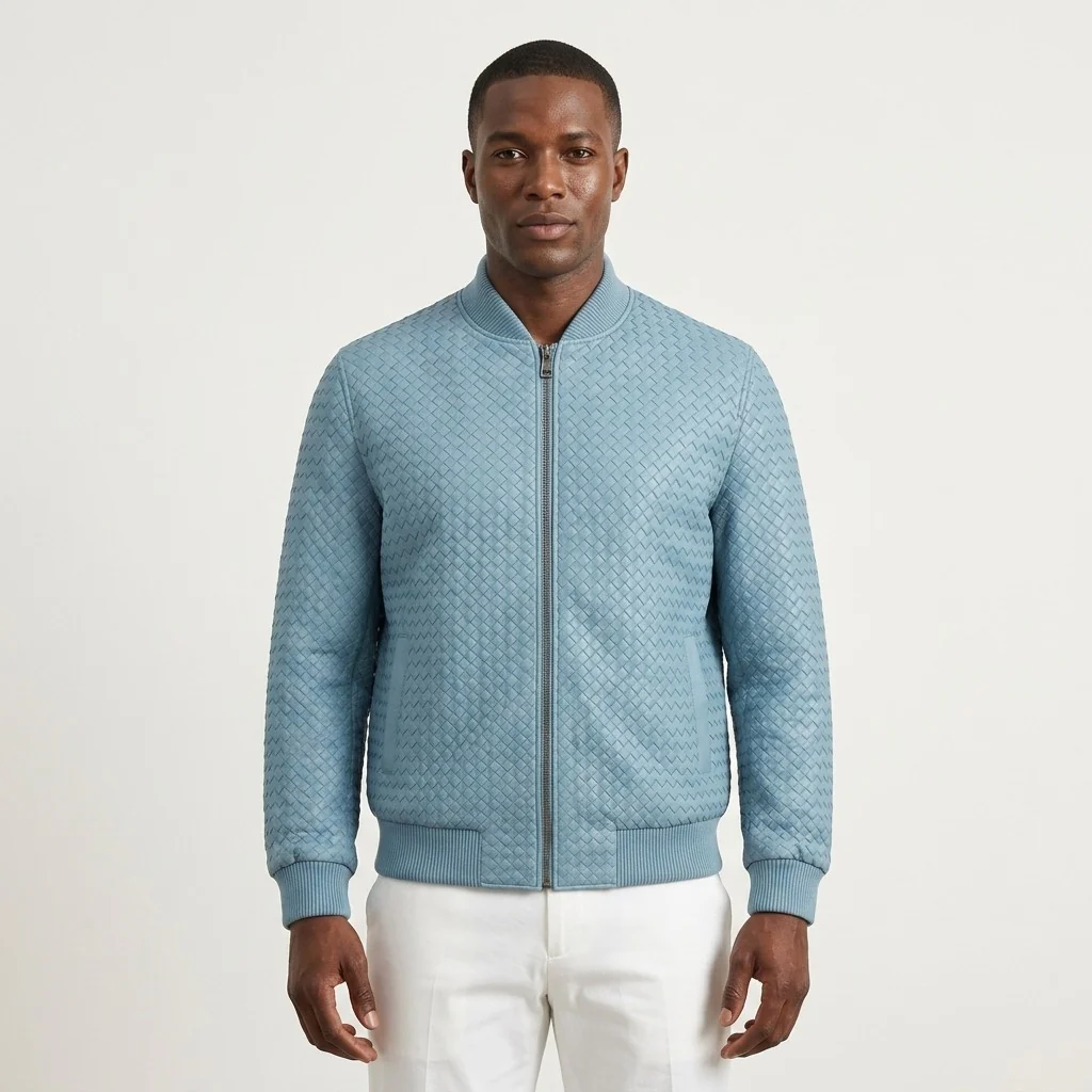 Men’s SVELG Premium Woven 100% Lambskin Leather Bomber Jacket - Image 5