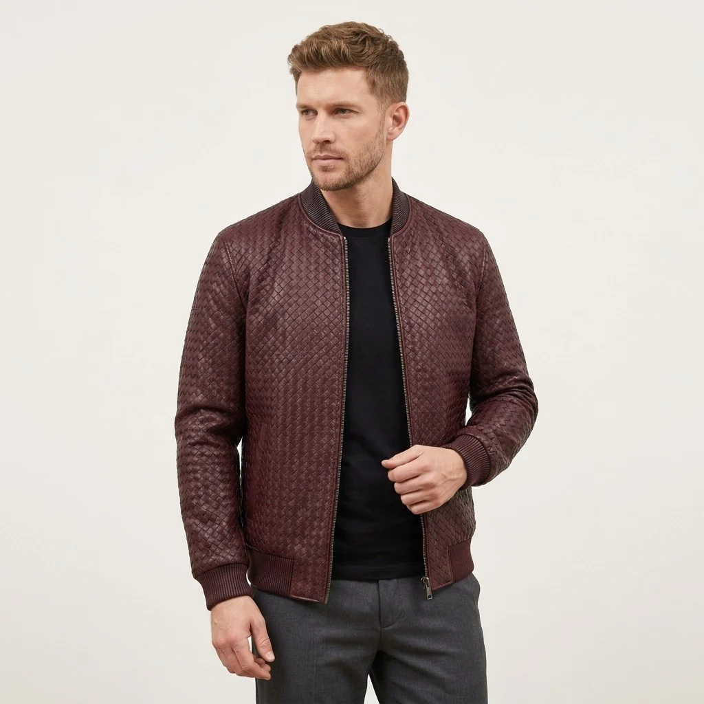 Men’s SVELG Premium Woven 100% Lambskin Leather Bomber Jacket - Image 6