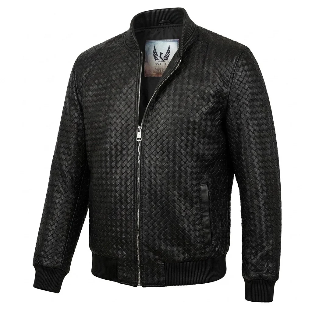 Men’s SVELG Premium Woven 100% Lambskin Leather Bomber Jacket - Image 7