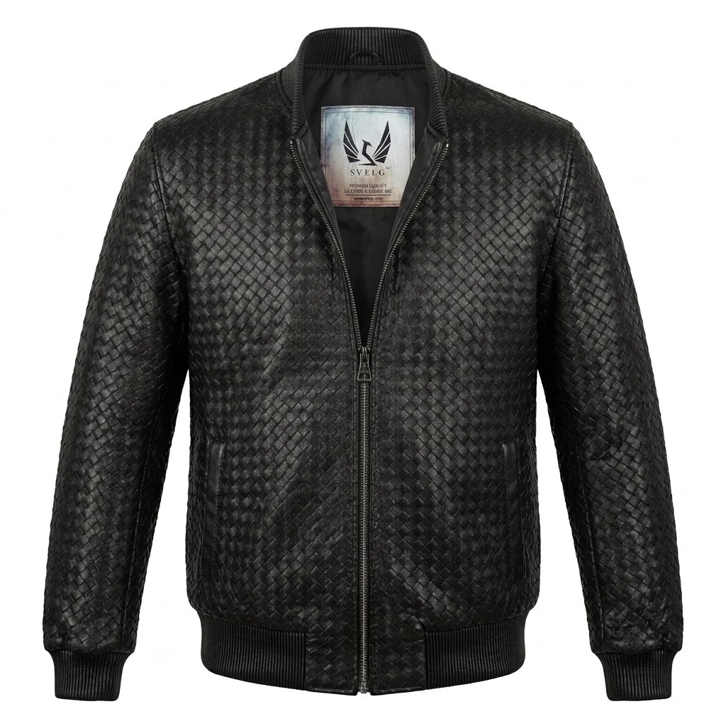 Men’s SVELG Premium Woven 100% Lambskin Leather Bomber Jacket - Image 8