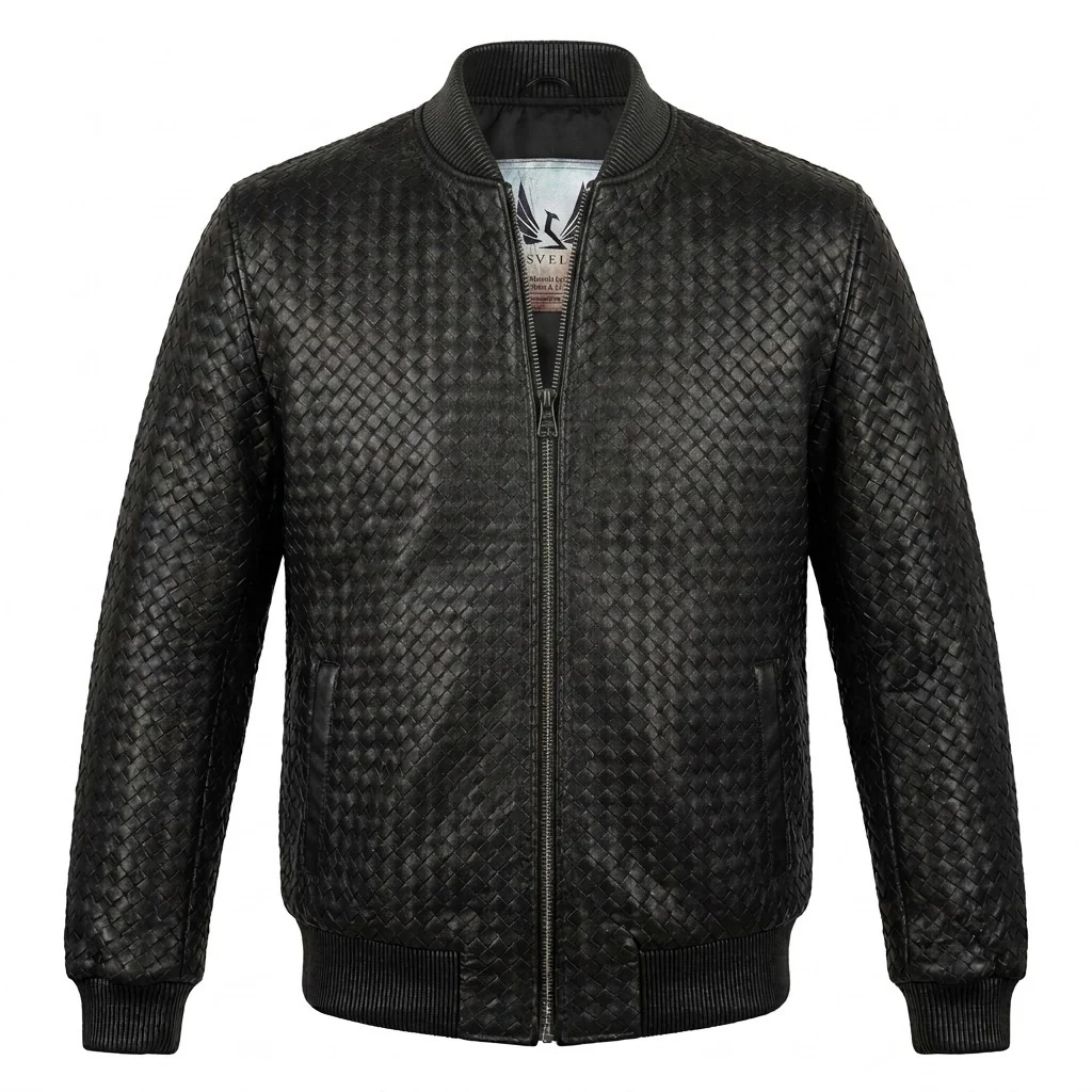 Men’s SVELG Premium Woven 100% Lambskin Leather Bomber Jacket - Image 9