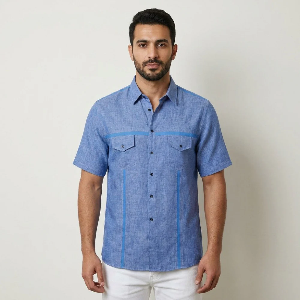 Torras Lambskin Trimmed Linen Short Sleeve Button Up N72204 - Image 4