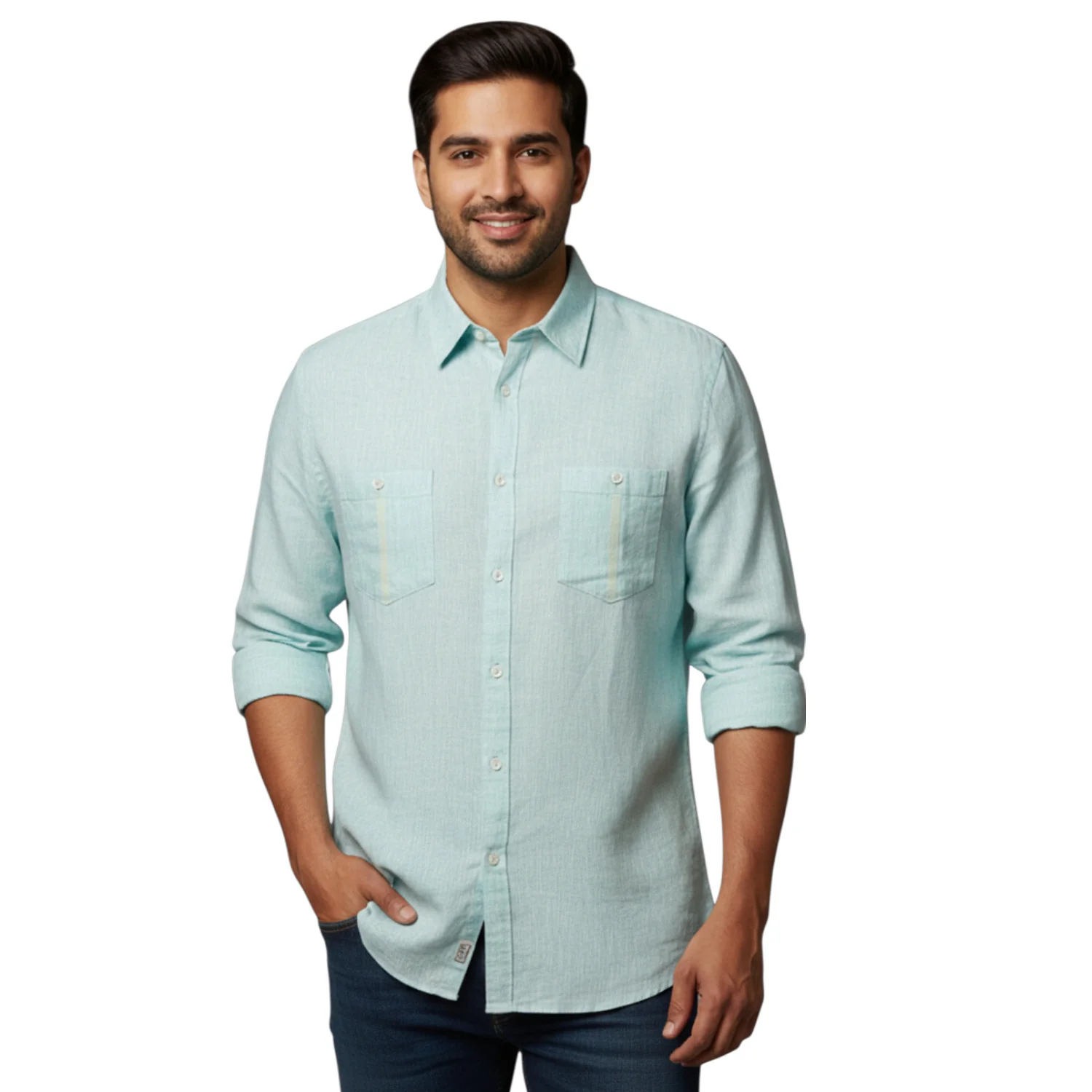 Torras Linen Leather Trimmed Long Sleeve Button Up N62409 - Image 5